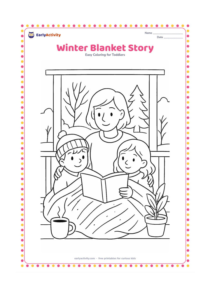 Colouring page: Draw two children sitting under a blanket on a veranda while an adult reads a picture book, with a steaming cup, potted plant, woolly cap and cool-season trees nearby.