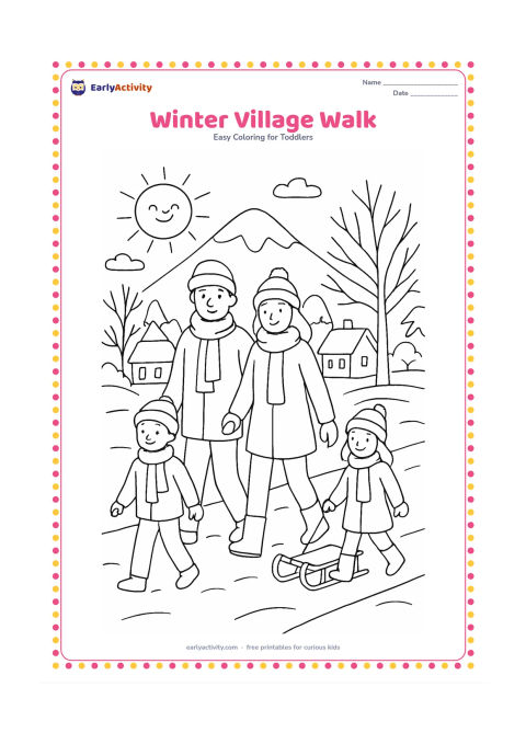 Colouring page: Draw a family walking along a village path in winter, wearing scarves and warm clothes, with one child pulling a simple sled. Add bare trees, snow-covered roofs, a distant mountain and a…