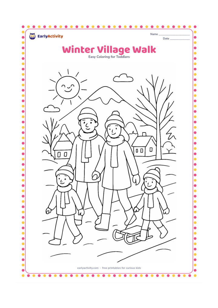 Colouring page: Draw a family walking along a village path in winter, wearing scarves and warm clothes, with one child pulling a simple sled. Add bare trees, snow-covered roofs, a distant mountain and a…