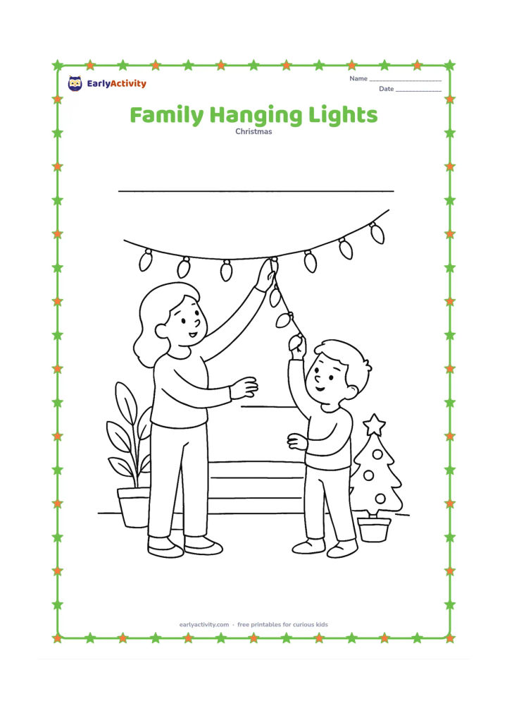 Colouring page: Draw two family members hanging a curved string of festive lights across a living-room wall, with a sofa, potted plant and small Christmas tree nearby.