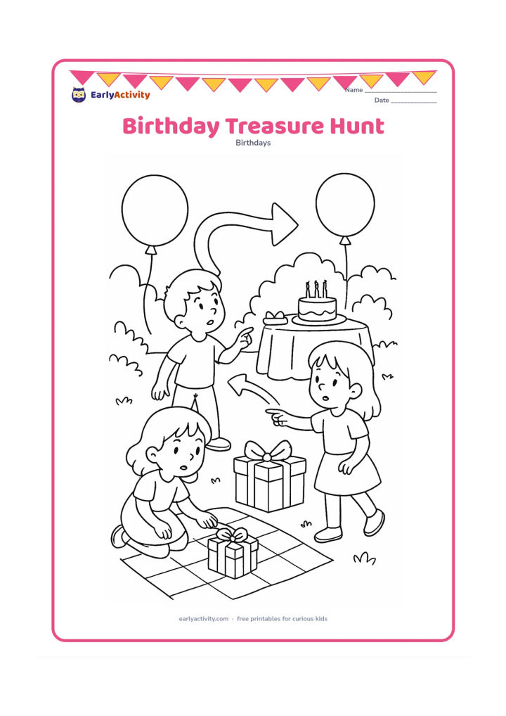 Colouring page: Three children search around a garden party for hidden wrapped gifts, following a trail of large balloons and simple arrows made from plain shapes. Include a cake table, shrubs, and a…
