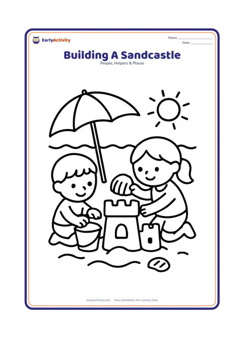 Colouring page: Two children work together beside a sandcastle, with one filling a bucket and the other placing a large shell on top. Include a beach umbrella, a simple sun, and a few wide waves.