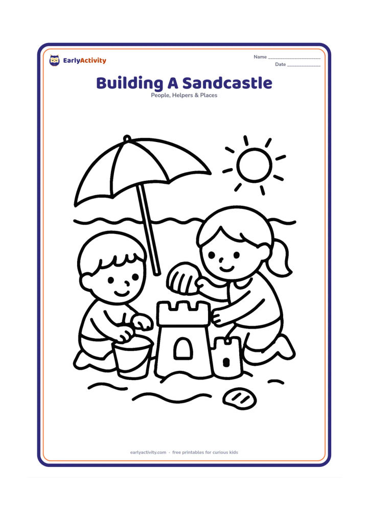 Colouring page: Two children work together beside a sandcastle, with one filling a bucket and the other placing a large shell on top. Include a beach umbrella, a simple sun, and a few wide waves.