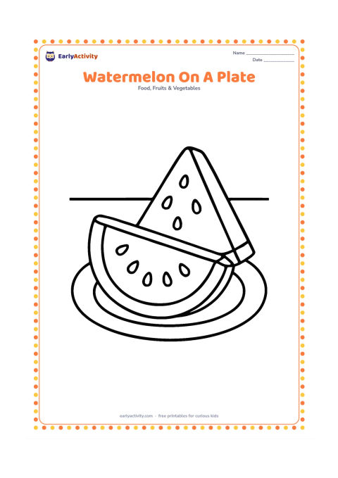 Colouring page: Draw two large watermelon slices on a round plate, one lying flat and one leaning against it. Include only a small table edge behind them.