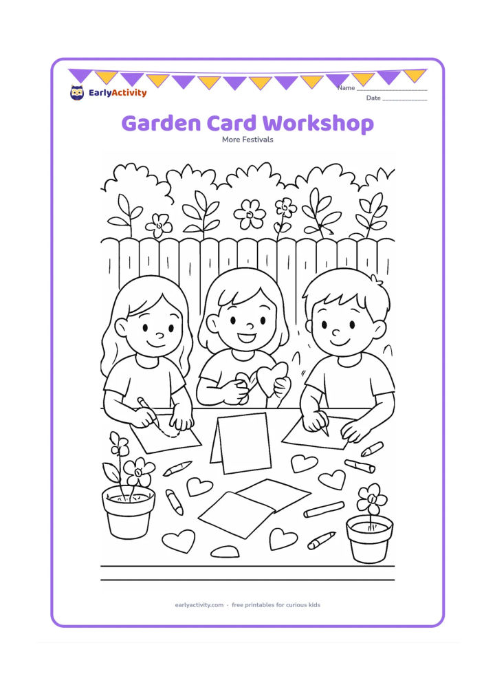 Colouring page: Three children sit at a long outdoor table making blank greeting cards, surrounded by flower pots, scissors, crayons, paper hearts, and a leafy garden fence.