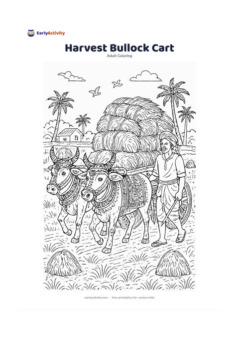 Colouring page: Draw two decorated bullocks pulling a wooden cart loaded with grain bundles through a village field after harvest. Include a farmer walking beside the cart, haystacks, palm trees, birds,…