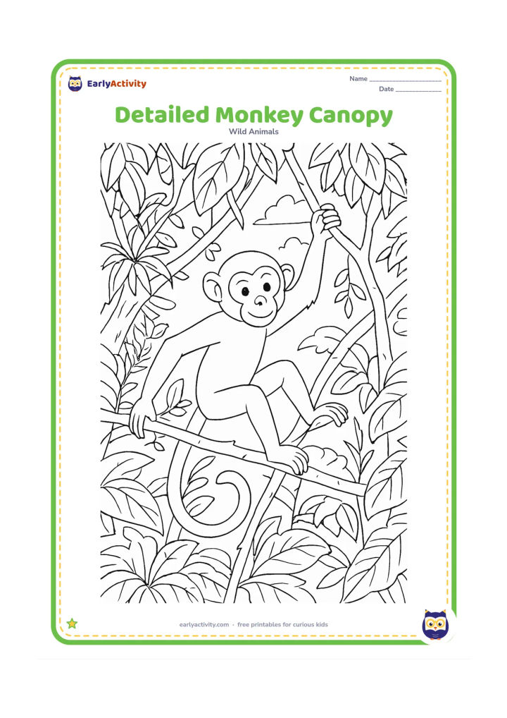Colouring page: Draw a monkey moving across a dense forest canopy, gripping one branch with its hands and another with its feet while its tail curls around a twig. Include layered leaves, vines,…