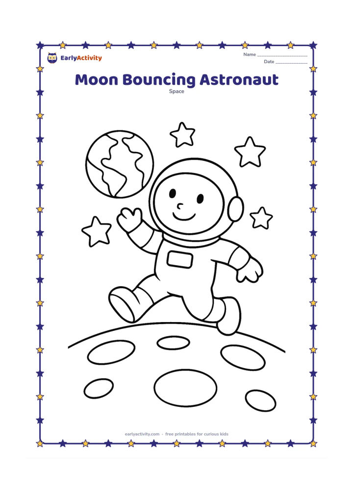 Colouring page: Draw a cheerful astronaut making a big bouncing step across the Moon, with both feet lifted slightly. Include large craters, Earth and a few chunky stars behind.