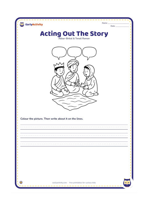 Printable: Show three children in a classroom or home play area acting as Akbar, Birbal and the poor man, using a blue cloth as the lake and a small safe pretend lamp. Include simple costume pieces…