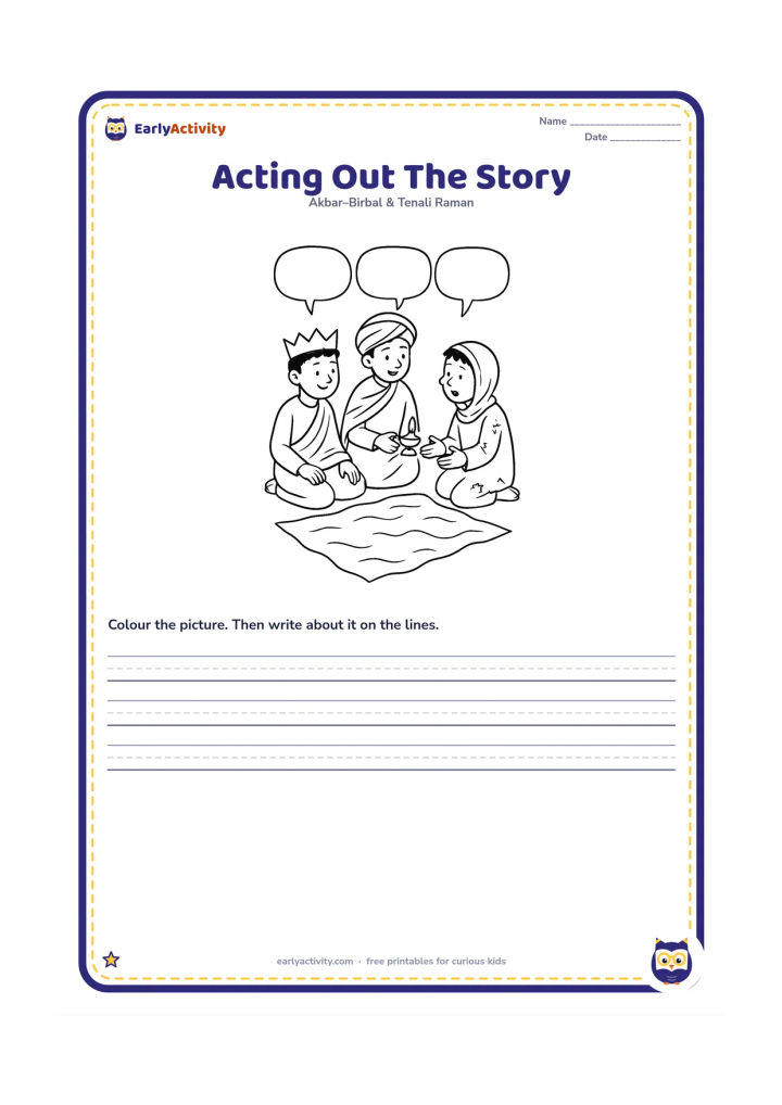 Printable: Show three children in a classroom or home play area acting as Akbar, Birbal and the poor man, using a blue cloth as the lake and a small safe pretend lamp. Include simple costume pieces…