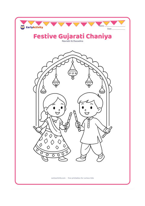 Colouring page: Draw a child in a Gujarati chaniya choli and another child in a kediyu, both holding dandiya while standing beneath a decorated arch. Add broad mirror-work shapes and a few hanging lamps…