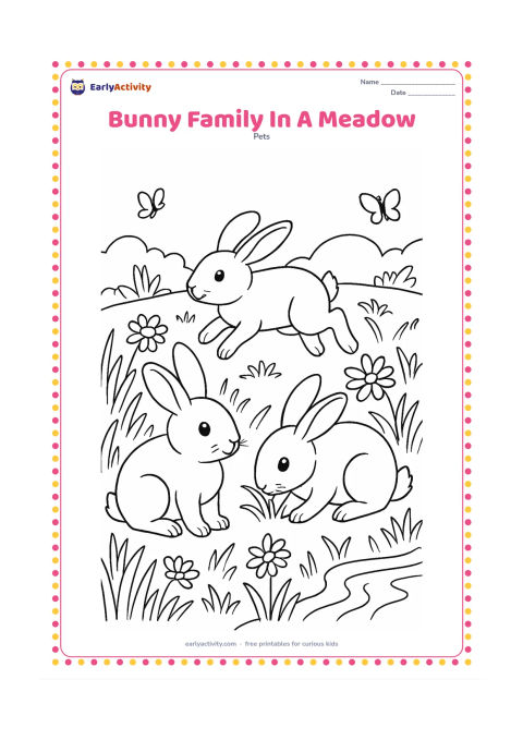 Colouring page: Draw three different-sized bunnies together in a meadow: one sitting, one hopping, and one nibbling grass. Surround them with layered grasses, daisies, butterflies, a small stream, and…