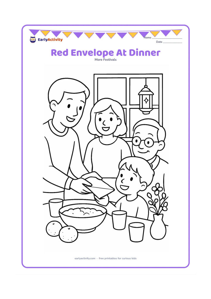 Colouring page: Draw an adult handing a plain festive envelope to a child at a family dinner table, while two relatives smile nearby. Include a large serving bowl, oranges, cups, flower branches and a…