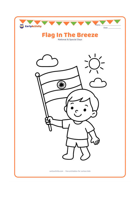 Colouring page: A smiling young child holds a large Indian national flag on a short pole as it waves gently. Show broad saffron, white and green bands with a clear Ashoka Chakra, plus two simple clouds…