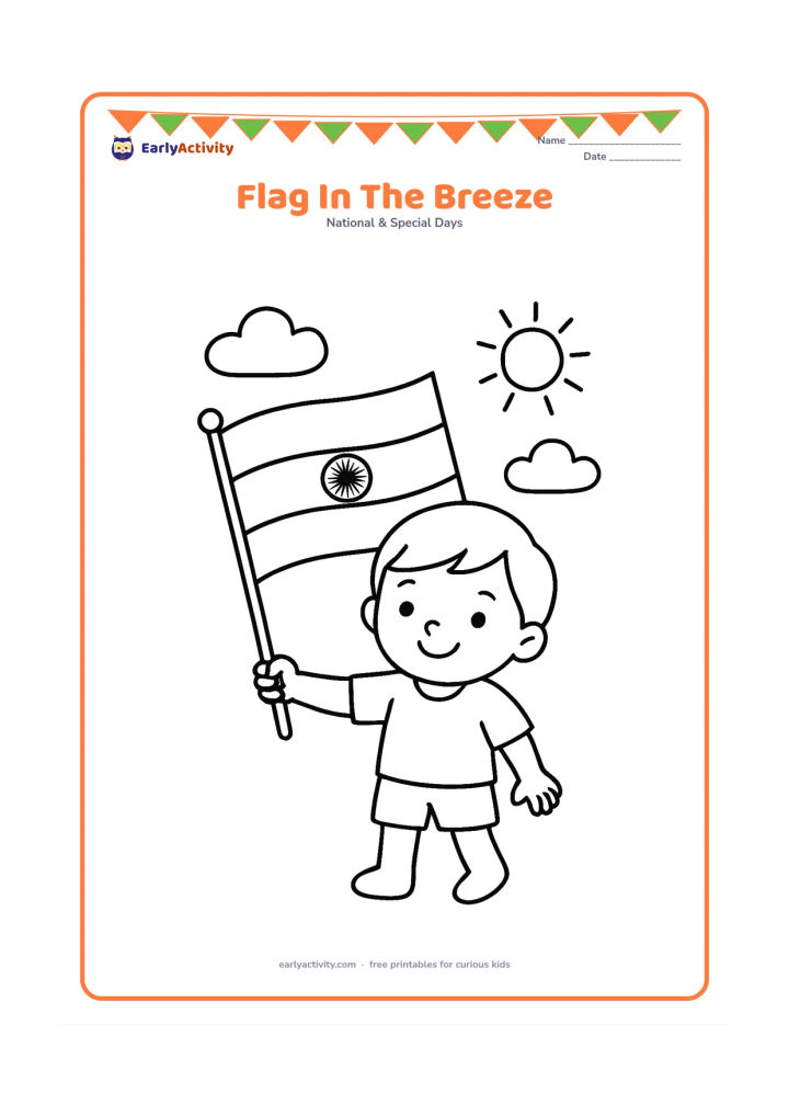 Colouring page: A smiling young child holds a large Indian national flag on a short pole as it waves gently. Show broad saffron, white and green bands with a clear Ashoka Chakra, plus two simple clouds…
