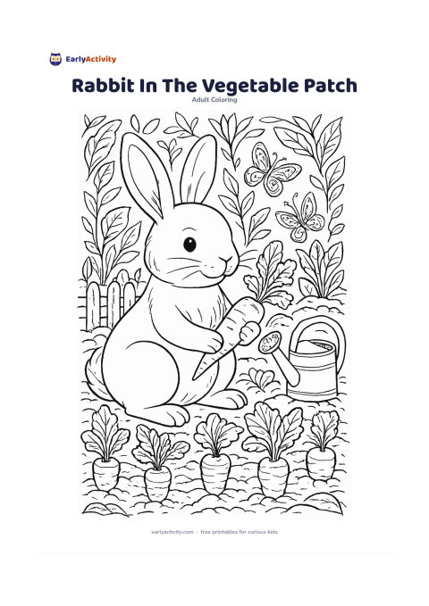 Colouring page: Draw a rabbit sitting among rows of vegetables, holding a leafy carrot top. Include garden beds, broad leaves, a small wooden fence, a watering can and butterflies around the plants.