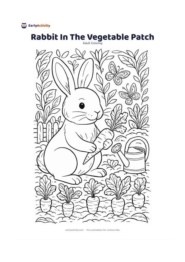 Colouring page: Draw a rabbit sitting among rows of vegetables, holding a leafy carrot top. Include garden beds, broad leaves, a small wooden fence, a watering can and butterflies around the plants.