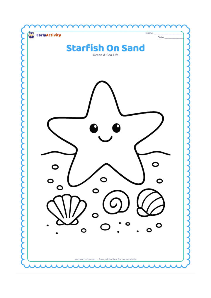 Colouring page: Draw a large five-armed starfish resting on a sandy seabed with three simple shells nearby.