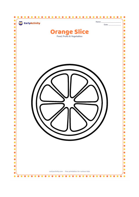 Colouring page: Draw one large round orange slice facing the viewer, with clear juicy sections and a thick outer peel. Keep the slice alone on the page.