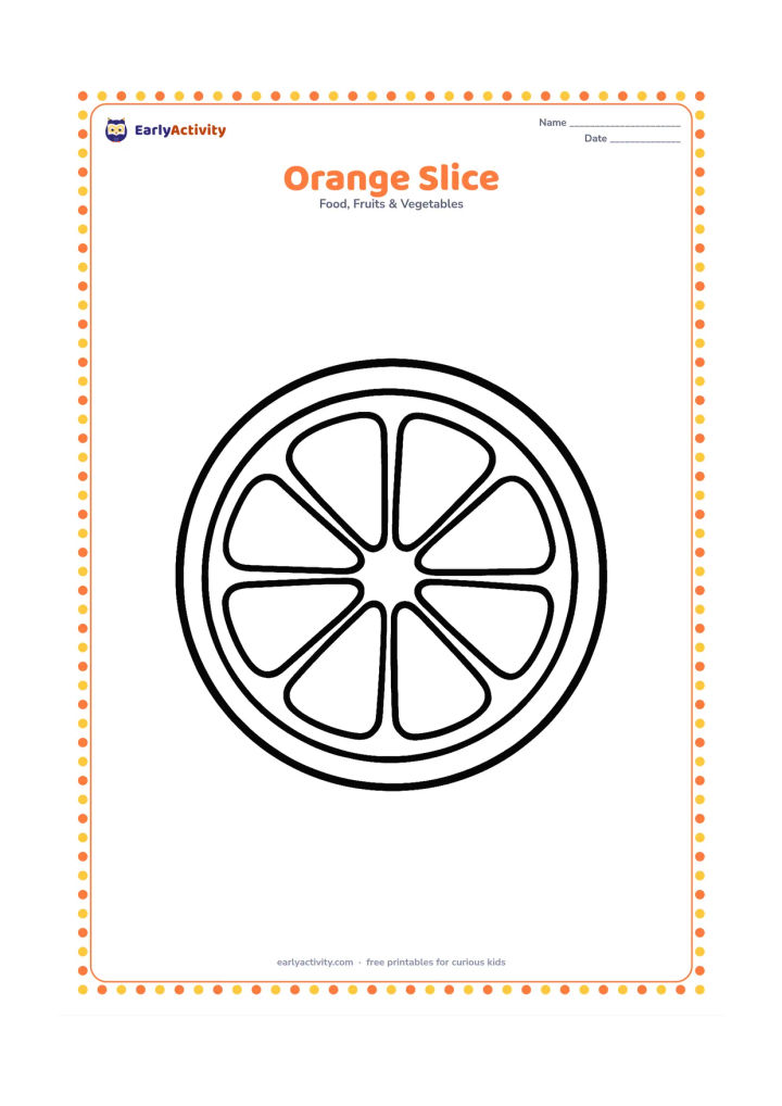 Colouring page: Draw one large round orange slice facing the viewer, with clear juicy sections and a thick outer peel. Keep the slice alone on the page.