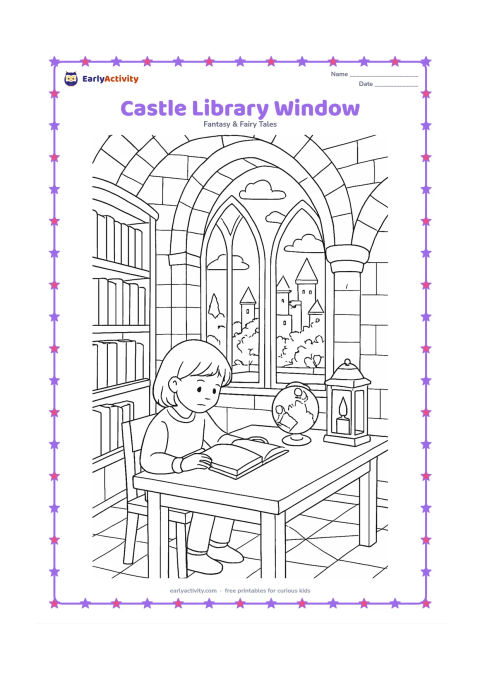 Colouring page: Draw a peaceful castle study with a tall arched window overlooking towers and a garden, a child reading at a table, shelves of books with plain blank spines, a globe, and a candle…