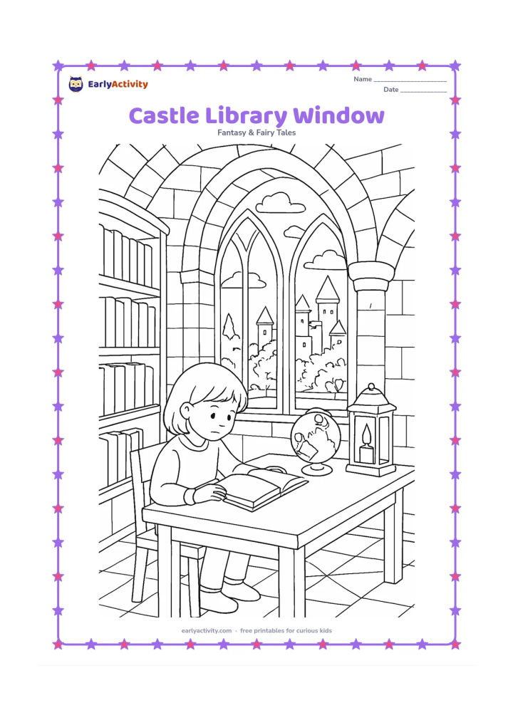 Colouring page: Draw a peaceful castle study with a tall arched window overlooking towers and a garden, a child reading at a table, shelves of books with plain blank spines, a globe, and a candle…