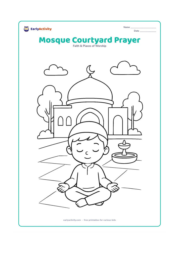 Colouring page: A child sits quietly with open hands in a peaceful mosque courtyard, with a domed building, arched doorway, small fountain, and a few trees behind.