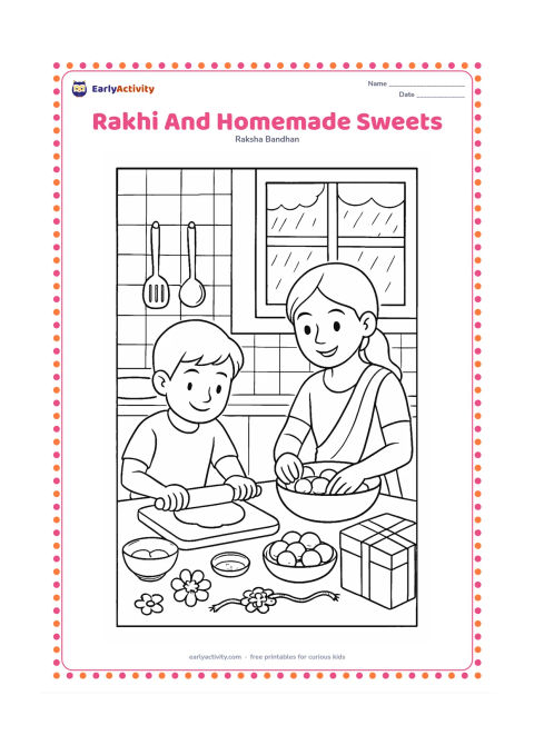Colouring page: A child and an older sibling prepare homemade sweets at a kitchen counter before the ceremony, with a rakhi, rolling board, bowls, flowers and a plain gift visible nearby. Include tiled…