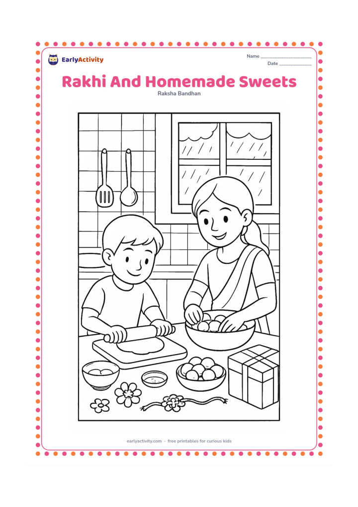 Colouring page: A child and an older sibling prepare homemade sweets at a kitchen counter before the ceremony, with a rakhi, rolling board, bowls, flowers and a plain gift visible nearby. Include tiled…