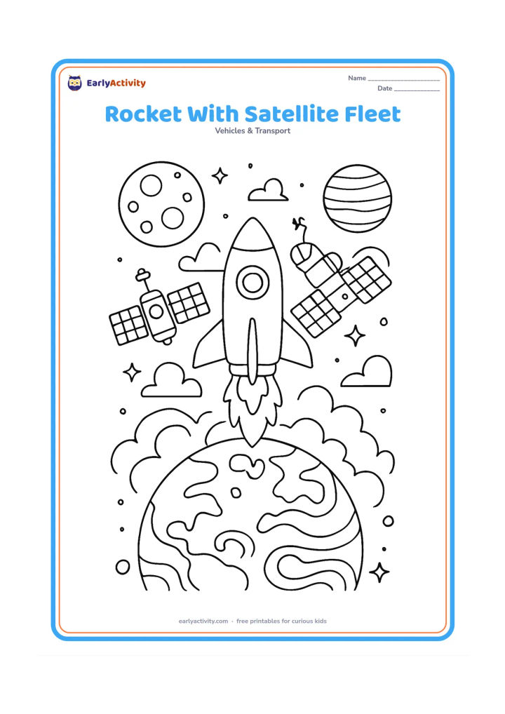 Colouring page: Draw a launch vehicle releasing a satellite while two other satellites orbit nearby, with Earth, cloud swirls, a Moon and several planets creating a deep space composition.