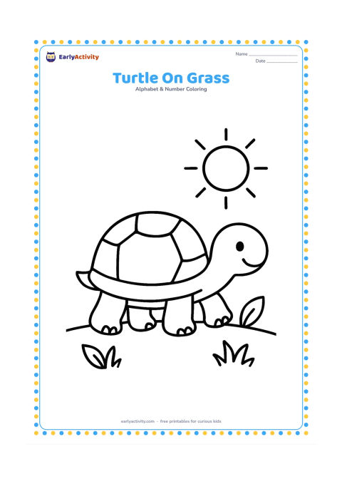 Colouring page: Draw a smiling turtle walking along a short grassy path, showing its rounded shell, four feet, and small head. Add two simple leaves and a low sun in the background.