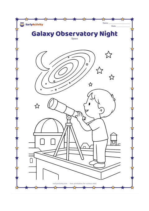 Colouring page: A child peers through a telescope on a rooftop observatory while a large spiral galaxy rises above a domed building. Add a crescent moon, several stars, a water tank and distant low…