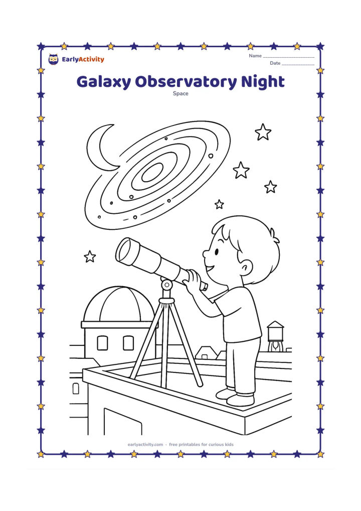 Colouring page: A child peers through a telescope on a rooftop observatory while a large spiral galaxy rises above a domed building. Add a crescent moon, several stars, a water tank and distant low…