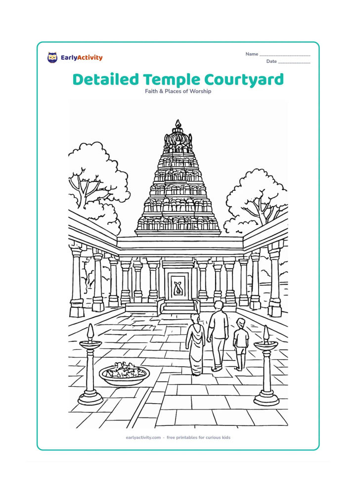 Colouring page: A spacious Indian temple courtyard viewed from the entrance, with a richly tiered tower, pillared hall, small inner shrine doorway, lamps, flower trays and a few visitors walking…
