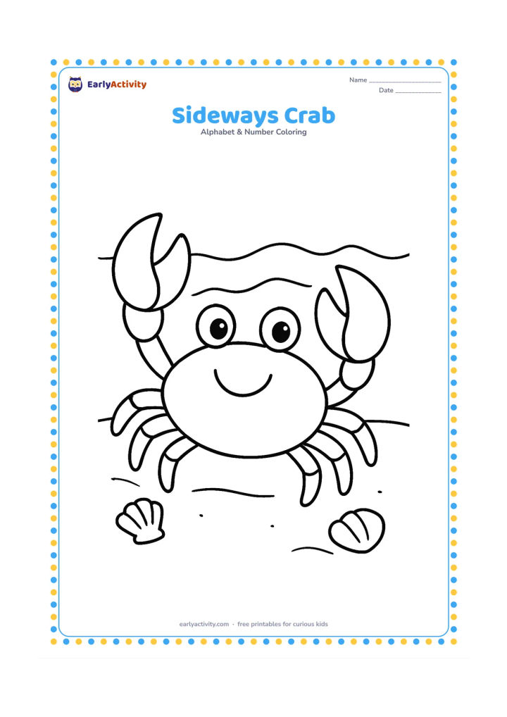 Colouring page: A smiling crab walks sideways across a sandy beach with two small shells and a low wave behind it. Show both claws and all legs clearly.