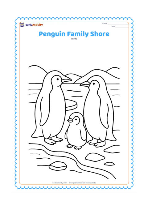 Colouring page: Draw two adult penguins and one chick standing together beside a gently curving icy shore. Add low ice chunks, shallow water, and a few distant rounded hills.