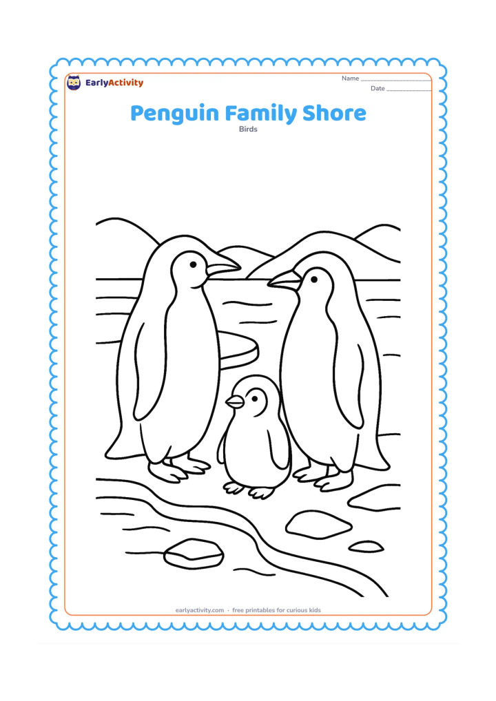 Colouring page: Draw two adult penguins and one chick standing together beside a gently curving icy shore. Add low ice chunks, shallow water, and a few distant rounded hills.