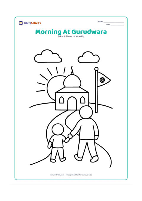Colouring page: Show a child and caregiver walking toward a simple gurudwara at sunrise, with a large sun, two clouds, a path and the Nishan Sahib beside the building.