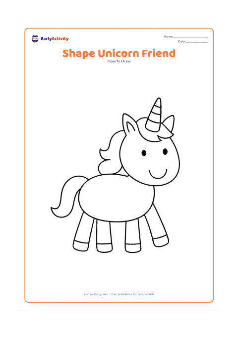 Worksheet: A friendly unicorn assembled from a large oval body, circle head, four simple leg shapes, triangle ears, a curved horn and a wavy mane. Arrange the basic shapes clearly with plenty of…