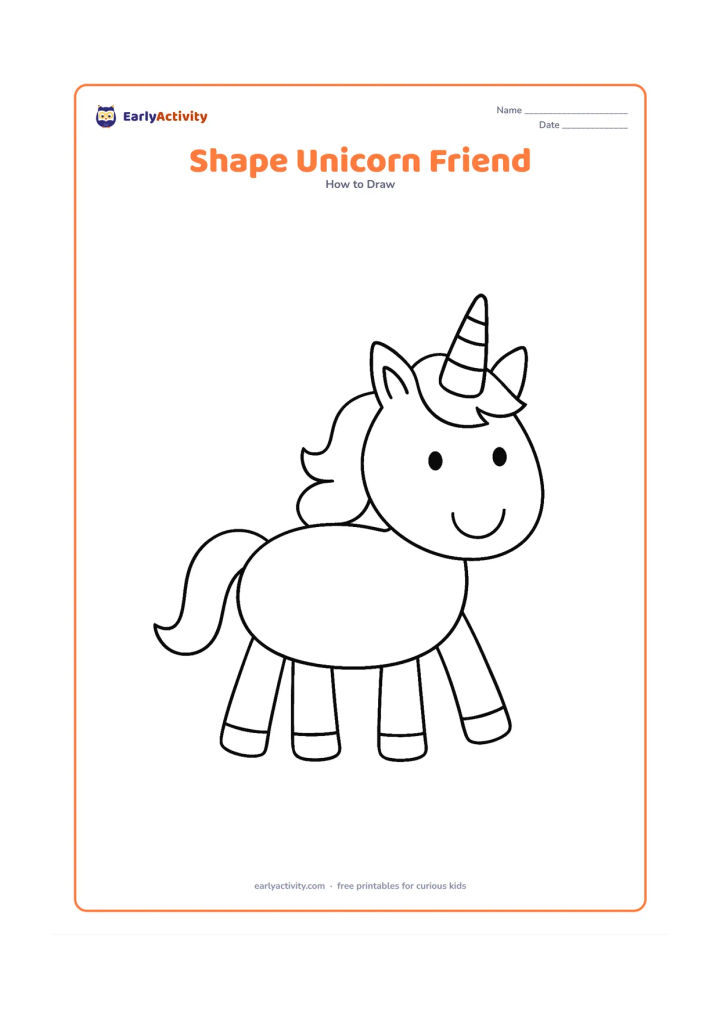 Worksheet: A friendly unicorn assembled from a large oval body, circle head, four simple leg shapes, triangle ears, a curved horn and a wavy mane. Arrange the basic shapes clearly with plenty of…