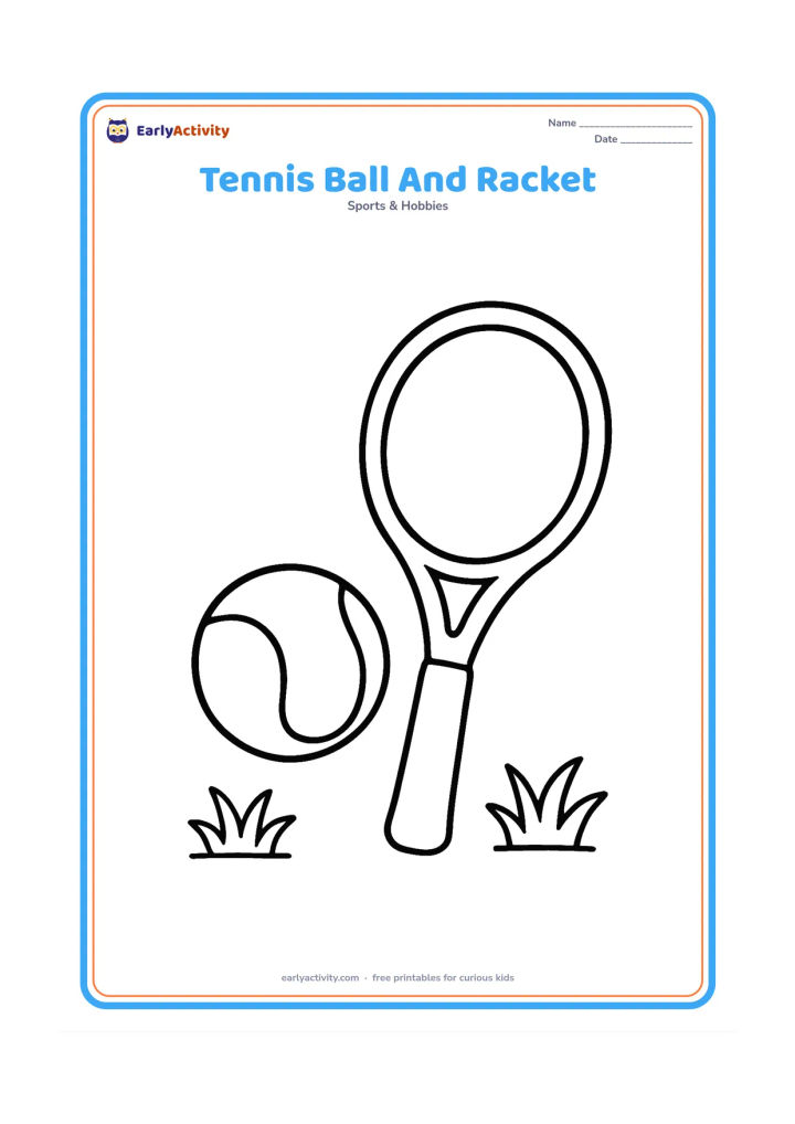 Colouring page: A large tennis ball resting beside a simple racket with a wide handle and clearly visible oval head, with two small grass tufts underneath.