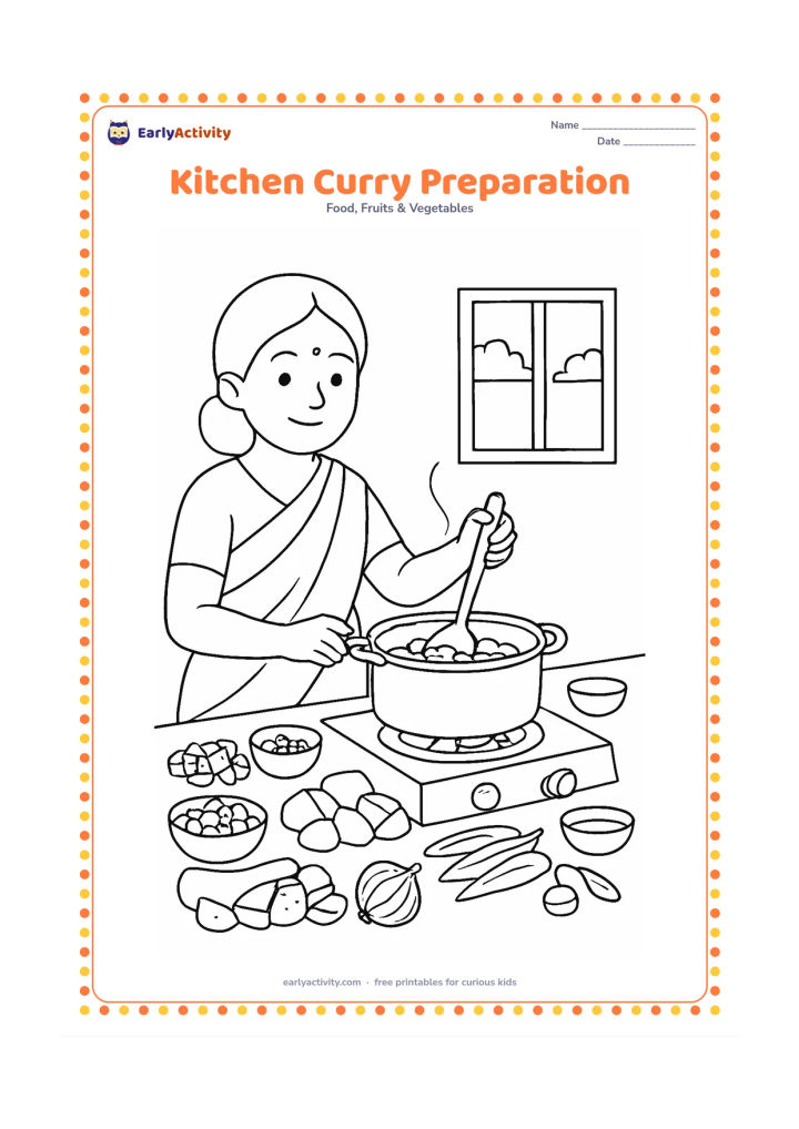 Colouring page: Show an adult preparing a vegetable curry in an Indian home kitchen, with chopped carrots, potatoes, peas, brinjal, onion, and okra arranged around a cooking pot. Add a stove, ladle,…