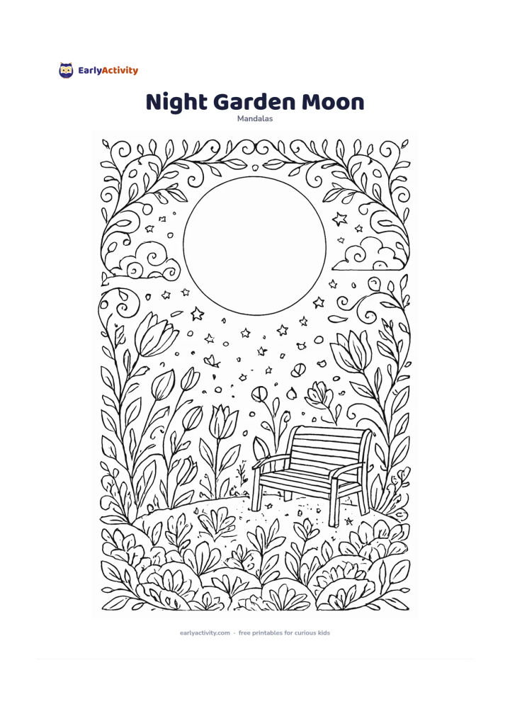 Colouring page: Create a circular mandala with a large plain moon above a sleeping garden, including closed flowers, a bench, fireflies and gently curling vines. Surround the centre with repeated stars,…