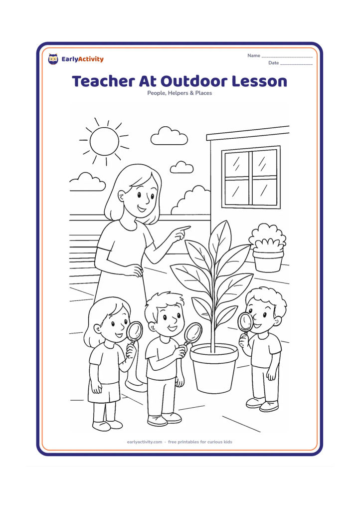 Colouring page: On a sunny school courtyard, a teacher points toward a leafy plant while four children observe with small hand lenses. Include a bench, potted plants and a low boundary wall.