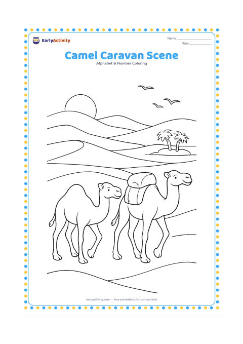 Colouring page: Two camels walk across a desert at sunset, one carrying a simple covered pack, with layered dunes, a distant oasis, and a few flying birds. Keep all packs and cloths free of symbols or…