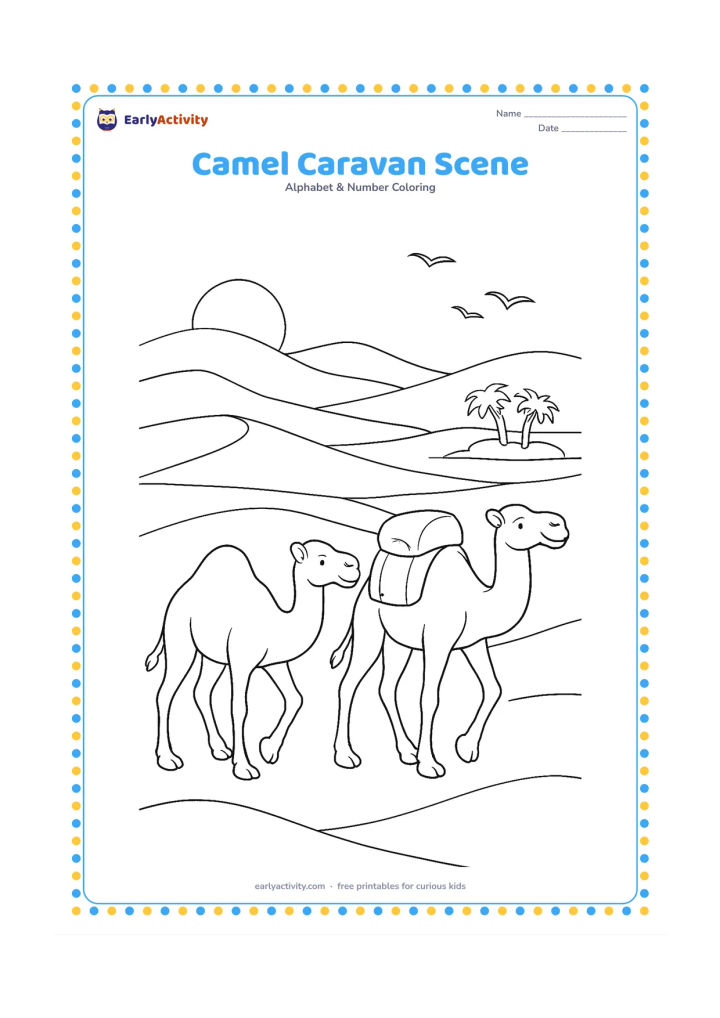 Colouring page: Two camels walk across a desert at sunset, one carrying a simple covered pack, with layered dunes, a distant oasis, and a few flying birds. Keep all packs and cloths free of symbols or…