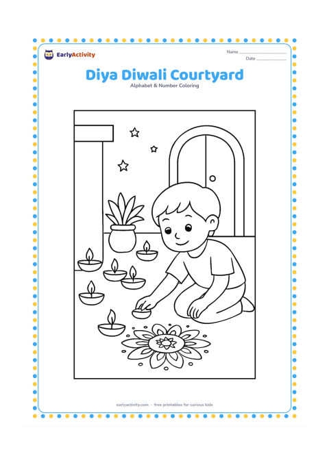 Colouring page: Several small diyas glow along the edge of an Indian home courtyard, with a child placing one near a simple rangoli made from dots and petals. Add a doorway, potted plants and gentle…