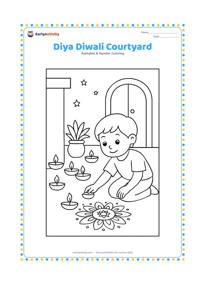 Colouring page: Several small diyas glow along the edge of an Indian home courtyard, with a child placing one near a simple rangoli made from dots and petals. Add a doorway, potted plants and gentle…