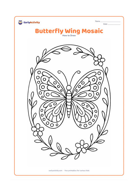 Worksheet: Show a large symmetrical butterfly whose wings contain many organised sections filled with circles, curved bands, leaf shapes and teardrops. Surround it with a simple oval frame of vines…