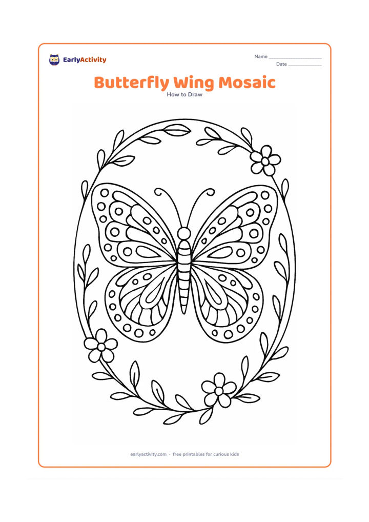 Worksheet: Show a large symmetrical butterfly whose wings contain many organised sections filled with circles, curved bands, leaf shapes and teardrops. Surround it with a simple oval frame of vines…